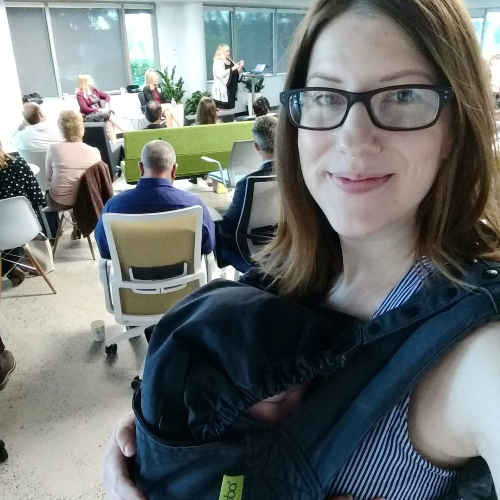 Amy Lynch attending networking events while babywearing