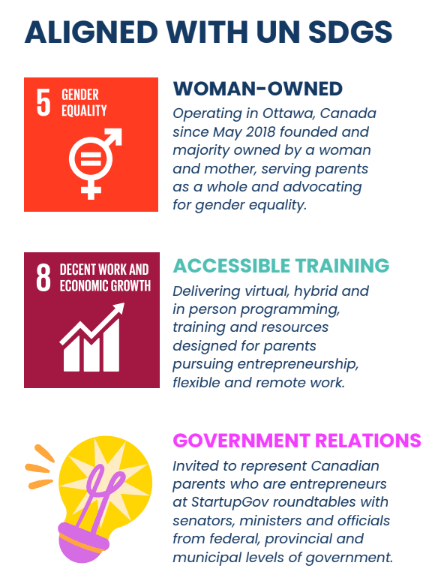 Mixing Babies And Business is aligned with UN Sustainable Development Goals 5 Gender Equality and 8 Decent Work and Economic Growth.